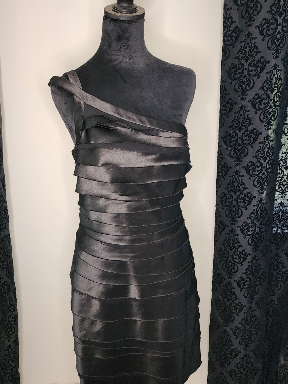 BCBGMaxAzria One-Shoulder Black Satin Layered Bandage Dress